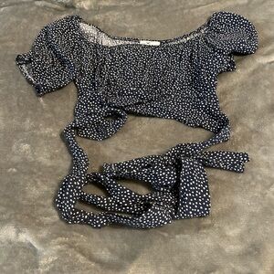 Hollister Navy and White Polka Dot Tie-Front Crop Top